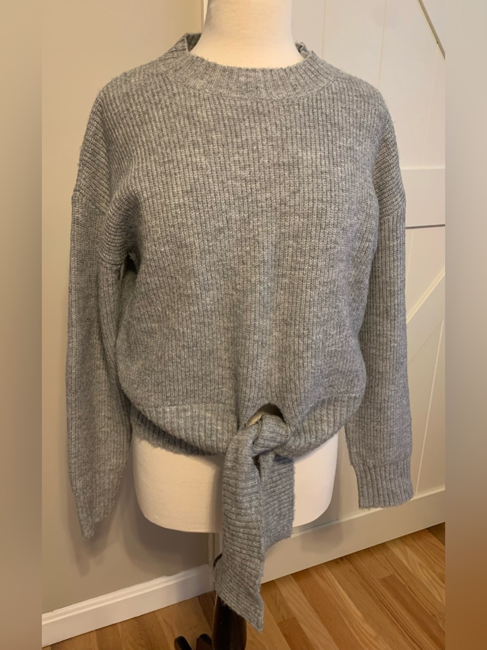 Cozy Tie-Front Crewneck Sweater in Light Gray DP